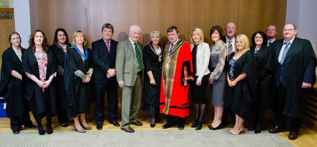 Mayor Fraser Agnew, Mayoress Lila Agnew, Councillor Pat McCudden, Councillor Billy Webb, Councillor Noreen McClleland, Majella McAlister, Newtownabbey Borough Council Development Services director, Helen Casey, National University of Ireland Galway, Gerry Lynch, diploma tutor, along with seven of the graduates who attended the event at Mossley Mill.