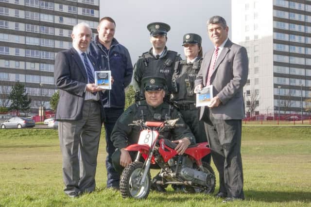 Raising awareness about illegal scrambler use are Councillor Jim Bingham, PCSP chair, George Robinson, Newtownabbey Borough Council park warden, constables from the Macedon Neighbourhood Policing Team and Councillor Billy Webb, PCSP member. INNT 11-461-CON