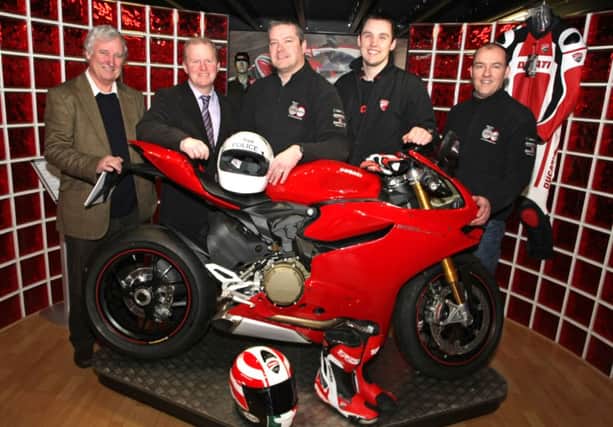 BE SAFE. Pictured at the launch of a Bike Safe event which will take place on Saturday 5th April at Millsport Motorcycles are from left, Sam Knox (Ballymoney Road Safety Committee), Chairman Tom McKeown, PSNI Road Safety Officer (H District) Sid Henry, Rick Murphy (Millsport) and Const Stuart Crutchley.INBM11-14 003SC.