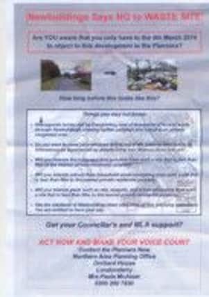 A flyer, which was distributed in Newbuildings, in opposition to the plans for the former Foyle Skip Hire site.