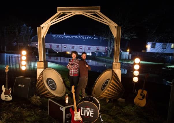 The worlds largest barrel oak headphones handcrafted by two local artisans, Matt Minford and Gareth Martin, pictured, to celebrate the launch of Bushmills Live 2014. INCR12-103S