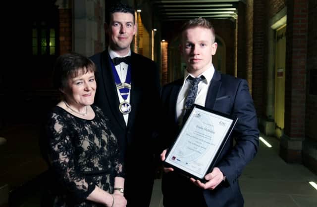 Ulster Business School student Peadar McMullan, from Ballymoney, runner-up in the CISI NI Investment Student of the Year Award at the presentation dinner with Wayne Nickels, CISI NI President and Professor Marie McHugh, Dean of the Ulster Business School.

©Press Eye Ltd Northern Ireland -  2014


Mandatory Credit - Picture by Brian Thompson / Presseye.com