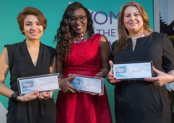 Lilian Seenoi, centre, at the awards ceremony in London on Friday.  Included is Tatiana Garavito Young woman of the Year 2013, right, and Diana Nammi Special Jury's Award 2014.  Photo: Jason Wen