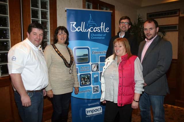 Pictured at the annual meeting of Ballycastle Chamber of Commerce in the Marine Hotel last Tuesday night. Included are, from left Paul Cochrane, Mary O'Driscoll, Valerie Watson, Peter McCaughan and Ronan Boyle.INBM10-14 102F