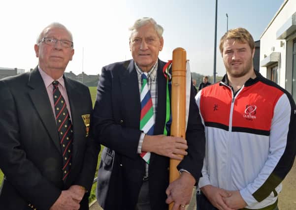 President of Carrick Rugby Club, John Strange (left), is pictured with joint-president of Wooden Spoon,Willie John McBride and Ulster forward Paddy McAllister at the launch of the Carrick Sevens tournament. Photo: Phillip Byrne