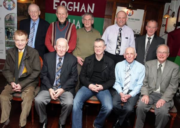 BLAST FROM THE PAST. Chairman Brendan McLernon, Ulster Council GAA VP and Guest Joe Brolly, pictured along with past players dating from 1940's-70s at the book launch on Thursday night. They are (back row from left), Patsy Breen, Harry Creelman, Charley Mearns. Front left, Frank Dillon, John McKay, Joe McSheffrey and Hugh Mullan.CR11-107SC.