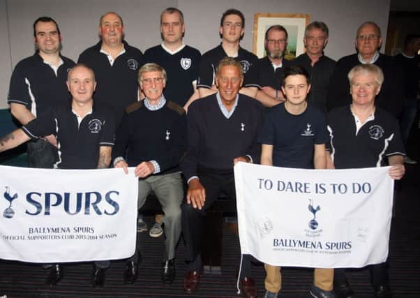 Spurs legends Cliff Jones and Martin Chivers pictured with members of the Ballymena Spurs Supporters Club at a recent Legends evening in the Ross Park Hotel. INBT11-232AC