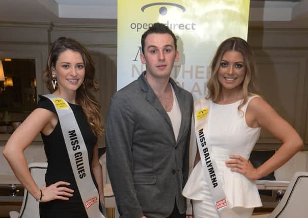 Miss Northern Ireland Open + Direct  2014 top eight heat in Gillies Bar, Ballymena. Pictured (L-R) Miss Gillies Zoe Robb from Randalstown, Jonathan Kirkpatrick Open + Direct and Miss Ballymena Emma Zacharopoulou from Jordanstown.