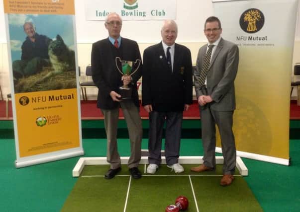 Pictured at the launch of the County Antrim pairs short mat tournament are Tom Evans (who has donated the Margaret Evans memorial trophy); Robert McCullough (tournament director); and James Graham, of sponsors NFU Mutual.