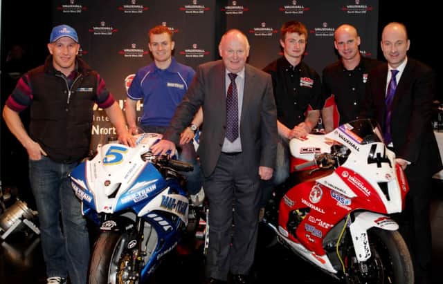 Racers Karl Harris, Stuart Easton, James Cowton team KMR boss Ryan Faruhar along with NW200 race director Mervyn Whyte and BBC NI's Stephen Watson pictured at the launch of the Vauxhall International North West 200 launch in BBC Blackstaff studios, Belfast last year. Picture by Matt Mackey/presseye.com
