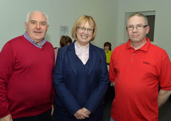 President of the Methodist Church,Dr Heather Morris paid a visit the Carrickfergus Methodist Church youth club and is pictured with Rev Aian Ferguson and youth leader,Nigel McKinley. INCT 12-017-PSB