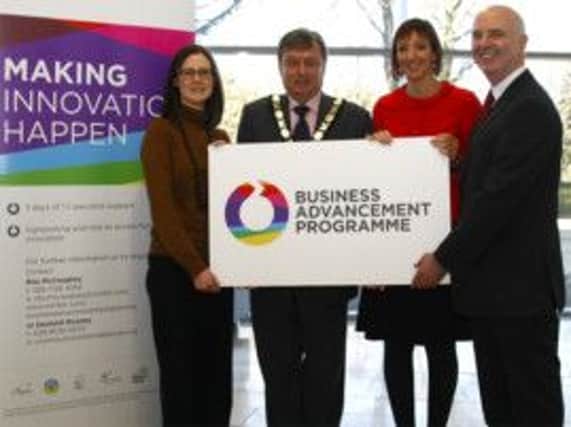 Pictured (l-r) at the launch of the Business Advancement Programme for SMEs are Seonaid Rooney, Newtownabbey Borough Council, Mayor Fraser Agnew, Moira Loughran, Invest NI, and Bernard Toal, NORIBIC. INNT 12-518CON