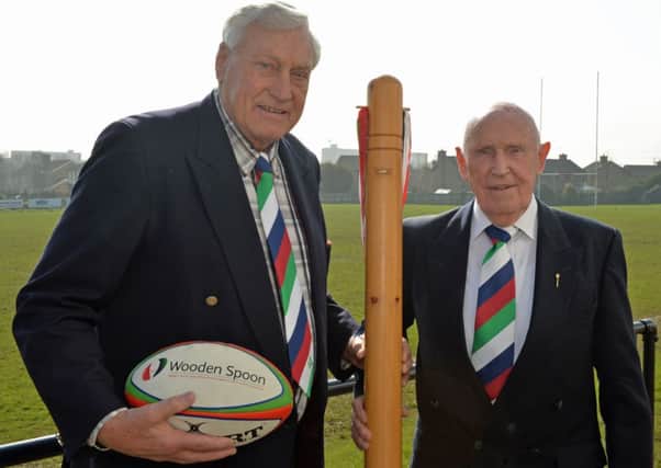 Representing Wooden Spoon at the launch of the Carrick RFC Sevens rugby tournament are joint-president Willie John McBride and Jimmy Burns. Photo: Phillip Byrne