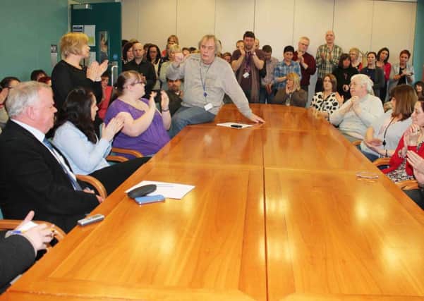 Mervyn Nicholl speaks on behalf of workers at the DVA offices in Coleraine after beong told they are to lose there jobs.PITURE MARK JAMIESON.