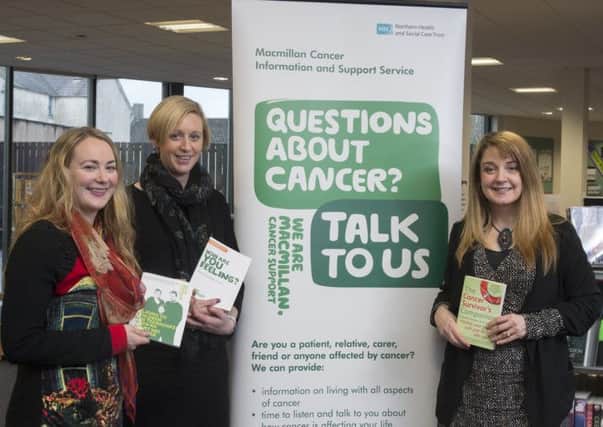 Valerie Nicholson, Senior Information and Learning Services Manager, Libraries NI; Nuala McErlain, Northern Trust Macmillan Information and Support Manager; and Julie Moore, Acting Branch Library Manager. INLT 12-625-CON