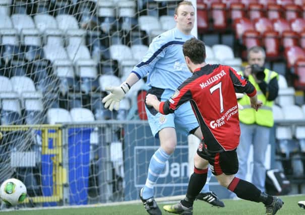 Eamon McAllister's goal for Crusaders on Saturday finally extinguished Ballymena United's hopes of a top six finish. Picture: Press Eye.