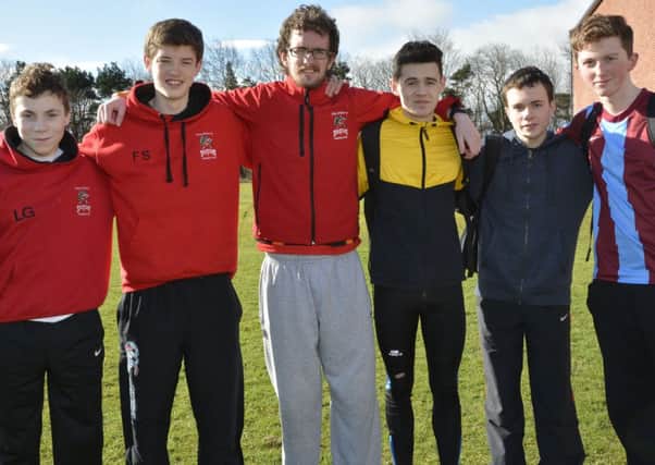 Taking part in the Foyle Hospice St. Patrick's Day Run at Gransha Park were, from left, Liam George, Fintan Stewart, Conor Doherty, Diarmaid Doherty, Peter Melarkey and Sean Sweeney. INLS1114-102KM