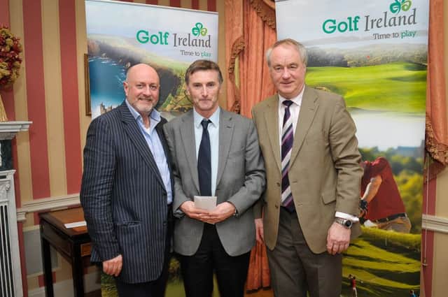 David Boyce, Tourism Ireland; Steve Nolan, Daily Express  winner of the Royal Portrush North Coast golf experience package; and  Tony Lenehan, Failte Ireland. Pic by Casey Gutteridge