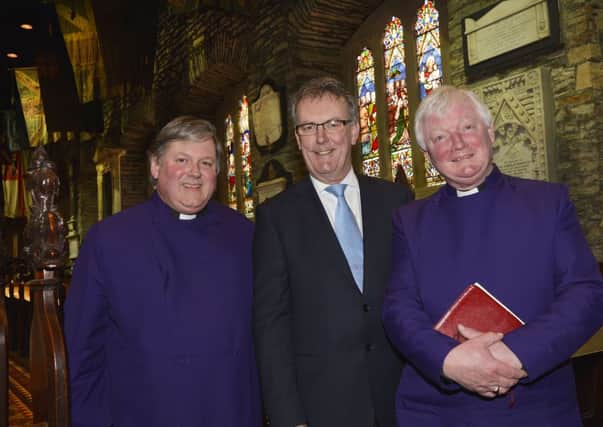 Ulster Unionist Party leader Mike Nesbitt MLA, pictured with Dean William Morton, left, and Canon John Merrick, when he gave the annual Lenten Address in St. Columb's Cathedral. INLS1214-111KM