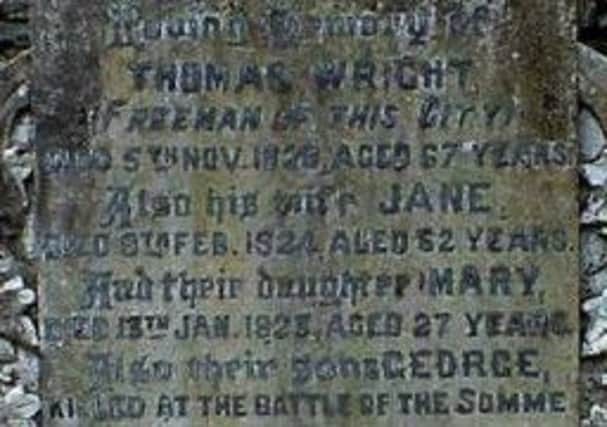 The gravestone of Thomas Wright, a freeman of the city, at Glendermott.