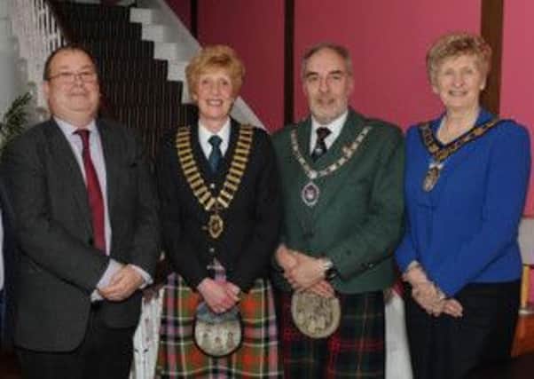 Lorraine Ronaldson, the new President of the County Down Section of the Royal Scottish Pipe Band Association Northern Ireland, pictured at her Installation in the Belmont Hotel, Banbridge on Wednesday 19th March.  Included are special guests Councillor Mark Baxter, Mayor of Craigavon Borough Council and Ray Hall, RSPBANI Chairman (left) and George Ussher, President of the Royal Scottish Pipe Band Association and Councillor Olive Mercer, Chairman of Banbridge District Council (right).