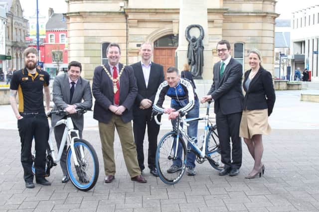 Pictured at the launch of the Bann Wheelers Criterium race are from left: Robbie Kelly, Halfords; Donal Doherty, JKC Specialist Cars; David Harding, Mayor of Coleraine; Neville Moore, Moores of Coleraine;  Charlie Wright, BWCC Chairman; John McCaughan and Jane Millar, Macauley Wray Solicitors.