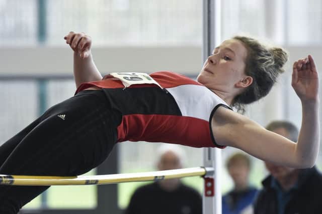 Niamh Watson, City of Derry AC Spartans, during the Girls U17 High Jump final, at the Woodies DIY Juvenile Indoor Track and Field Championships. Athlone Institute of Technology International Arena, Athlone. Picture credit: David Maher / SPORTSFILE