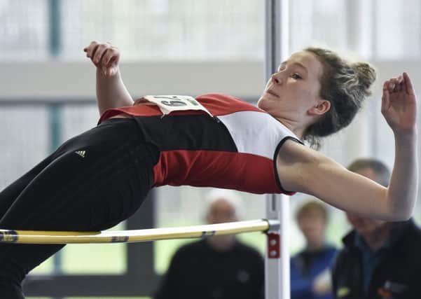 Niamh Watson, City of Derry AC Spartans, during the Girls U17 High Jump final, at the Woodies DIY Juvenile Indoor Track and Field Championships. Athlone Institute of Technology International Arena, Athlone. Picture credit: David Maher / SPORTSFILE