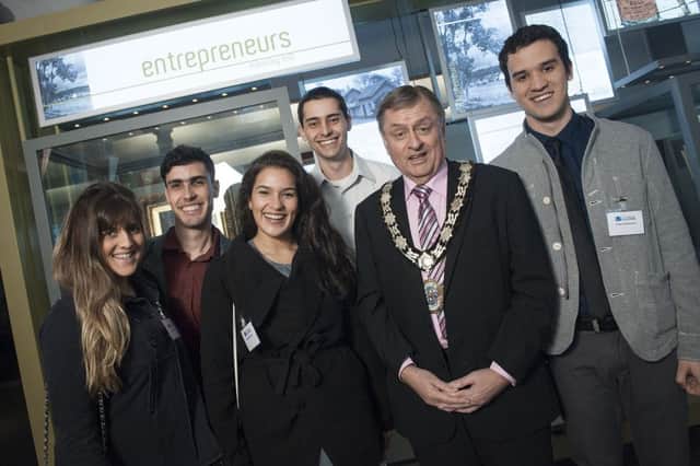 Students from Brazil are welcomed toMossley Mill by Mayor Fraser Agnew. INNT 13-506-CON  Pic by Nigel McDowell