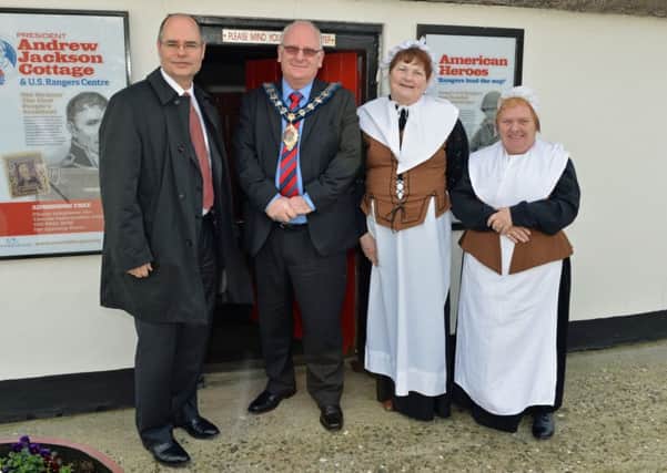 Gregory S.Burton (left) Consul General at the US Consulate in Belfast paid a visit to the Andrew Jackson Cottage at Boneybefore.  Also pictured is Mayor of Carrickfergus, Alderman Billy Ashe, Joni Wilson and Ann Mayne from the Kragfergus Living History Group. INCT 13-007-PSB