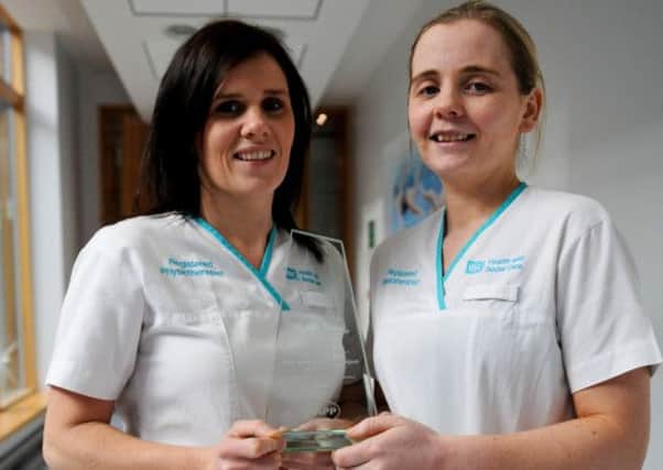 Pauline Campbell and Elizabeth Connolly-Anderson, Physiotherapists at Altnagelvin Hospital with the Pain Management Project of the Year Award received recently at the Northern Ireland Healthcare awards, Belfast.