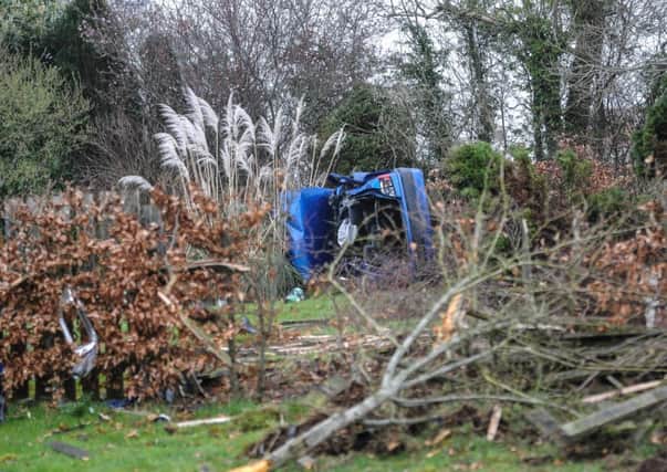 The mangled wreckage at the scene of the fatal accident on the Old Coagh Road, Cookstown. Photo - Pacemaker