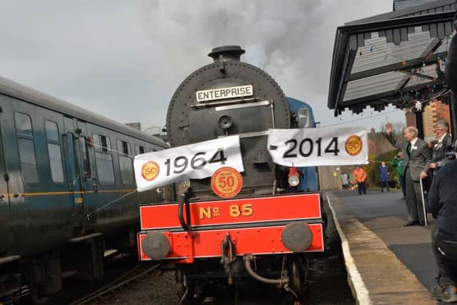 Merlin No. 85 driven by Lord O`Neill, president of the RPSI, cuts through a ceremonial tape to mark the launch of the societys 50th anniversary programme, which will include dinners in Dublin and Belfast, a weekend trip to Kilkenny in May and train rides at Whitehead on selected weekends. INCT 14-012-PSB