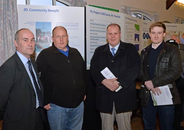 Attending the Gaelectric community consultation event in Glynn Village Hall are (from left) Malcolm Brian, conctruction consultant with RPS; Councillor Greg McKeen,Rev Paul Reid and Matthew Stitt. INLT 14-003-PSB