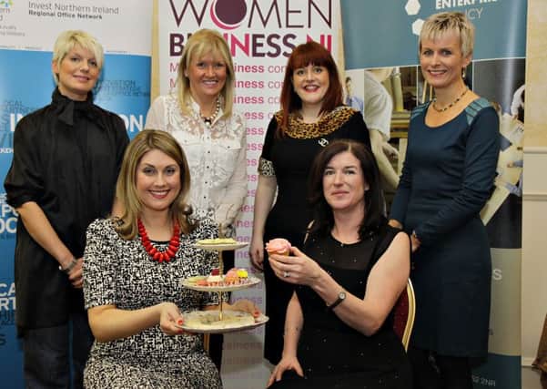 At the Go Woman Event held in the Magherabuoy Hotel with host UTV's Sarah Travers and Suki Tea's Ann Rooney are, standing, Claire Rainey of Cookycook, Ruth Wilson of Beaufort Interiors, Cara Macklin of Malone Lodge Hotel and the Macklin Group and Barbara Allison of Zest Lifestyle.  INCR15-110(S)