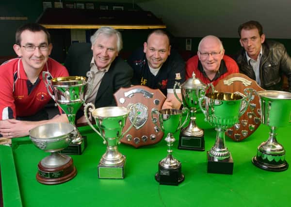 Patrick Wallace, Kevin Hughes, Martin Doris, Owen McKee and Dermot Loughran with the East Tyrone Snooker League awards  INTT1613-500JS