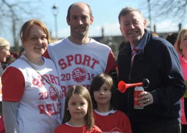 Pictured at the start of the Lisburn Sport Relief Mile in Wallace Park are: (back l-r) Shona Hurley, David Earles and Alderman Paul Porter, Chairman of the Council's Leisure Services Committee and (front l-r) Lucy and Zack Earles.