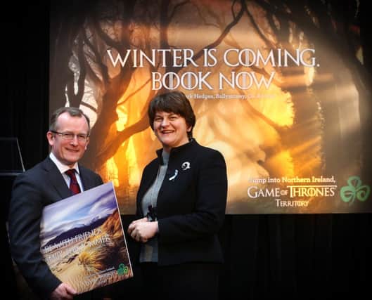 02nd April2014  Photo by William Cherry/Presseye

Enterprise, Trade and Investment Minister Arlene Foster has announced that Tourism Ireland has joined forces with HBO and its smash hit television series Game of Thrones in a new advertising campaign.  Arlene Foster is pictured with Chief Executive, Niall Gibbons launching the global campaign which kicks off today.