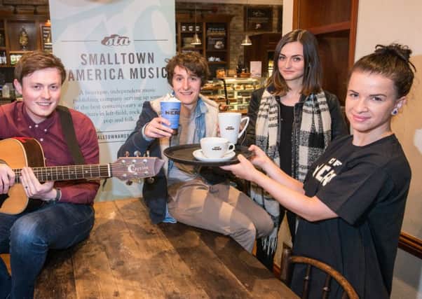 Enjoying a coffee and some chilled out music are from left, Adam Montgomery and Ben Robinson from Robinson and Gold, Charlene Hegarty, Smalltown America and Lorena Grigore, Caffé Nero. INCR15-108S