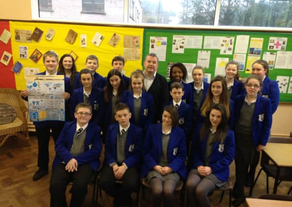 Pictured is Mr Kieran Downey of St Killian's College and his 9L RE class who are learning about how money collected for Trócaire is used.  INLT 15-700-CON