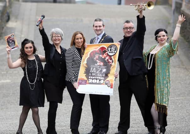 Mayor Martin Reilly pictured with special guests at the launch of the 13th City of Derry Jazz and Big Band Festival which took place in the Playhouse. Included are Elaine Johnston from event sponsors Diageo, local singer Ursula McHugh, acclaimed jazz musician Linley Hamilton, and members of the FireFemme group.