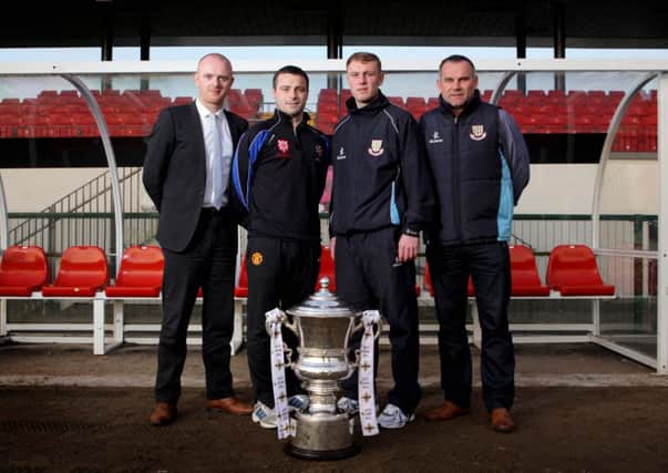 Ballymena United manager Glenn Ferguson and defender Johnny Taylor pictured at the Irish Cup semi-final press launch with Queen's boss Peter Thompson and striker James Lavery. Picture: Press Eye.