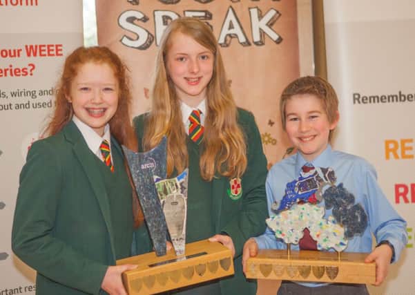 arc21 Regional Senior and Junior Section winners Olivia Agnew and Katie Kennedy from Friends School and Sean Landau from Pond Park Primary School.  Sean went on to win the overall grand final and was crowned Primary School Environmental Youth Speaker 2014.