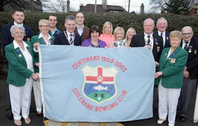 FLYING THE FLAG. Officials, guests and sponsors pictured at the green opening at Coleraine Bowling Club on Friday evening. Included are President, Basil Kennedy, Lady President Rosemary Lyons, John McCaughey and John McCaughan (Macauley Wray Solicitors).CR16-121SC.