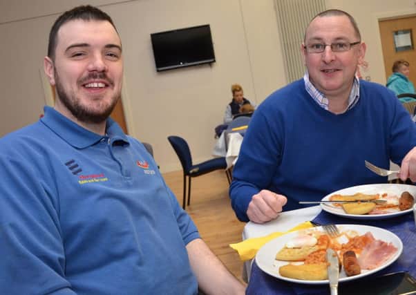 Andrew Dempsey and Geoffrey Stewart enjoying the Big Breakfast at Moyola Park FC on Saturday.INMM1514-346