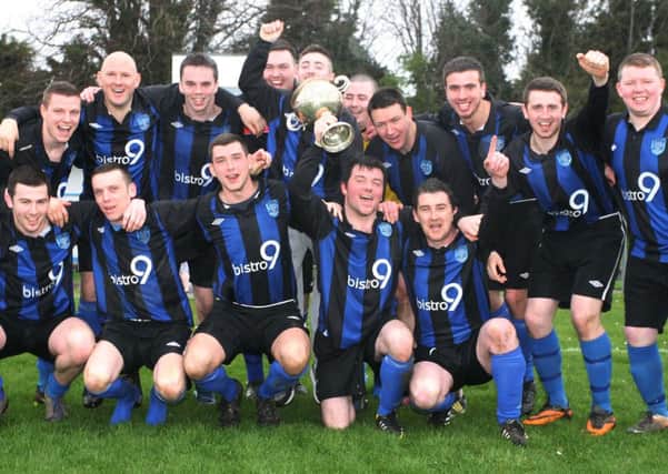 VICTORIOUS CUP WINNERS!. . . .The Ardmore Reserves team pictured celebrating victory over Donemana Reserves in Saturday's North West Supplementary Cup final at Wilton Park. DER1514MC014