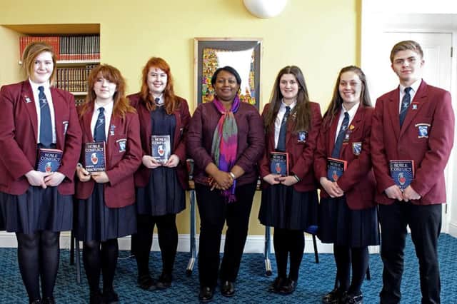 Children's Laureate Malorie Blackman with pupils at Hazelwood Integrated College.
