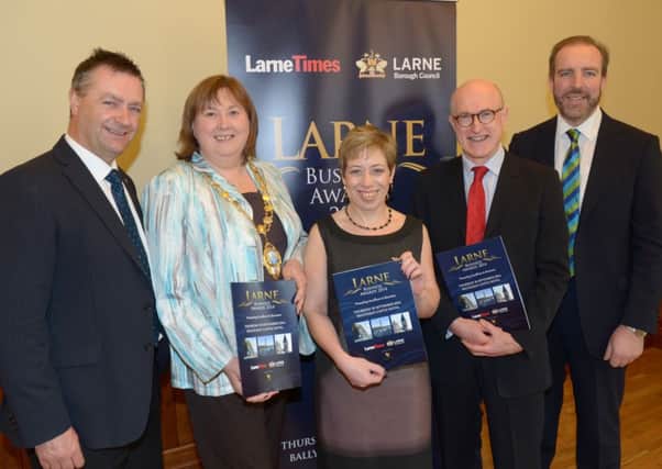 Pictured at the launch of the the Larne Times/Larne Borough Council Larne Business Awards 2014 are William Cross from the Ulster Farmers' Union, Larne Mayor Maureen Morrow, Morton Newspapers Group Editor Valerie Martin; Jamie Delargy from UTV and Ken Nelson from Ledcom. INLT 15-465-PR