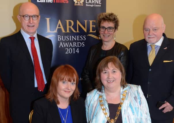 Time Series Advertising Executive Lyn Kernohan and Larne Mayor Maureen Morrow with Jamie Delargy of UTV, Town Development Manager Hazel Bell and Times Series Advertising Manager Roy Sharpe at the launch of the the Larne Times/Larne Borough Council Larne Business Awards 2014. INLT 15-468-PR