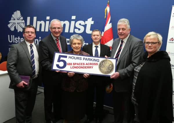 Local UUP council candidates Ronnie McKeegan, Mary Hamilton, William Jamieson (standing in the Sperrin Ward) in Strabane, and Julia Kee with Roads Minister Danny Kennedy and MEP Jim Nicholson.